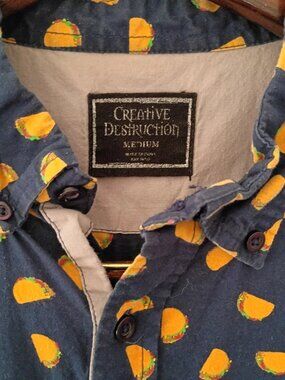 Taco All Over Polo Shirt Mens Medium Blue Button Up Creative Destruction Rare